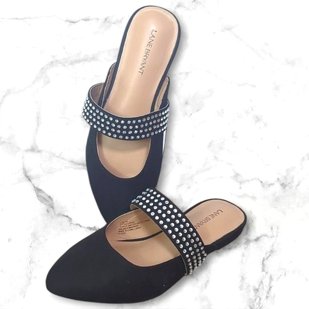 🌟NWT Lane Bryant Black Rhinestone Velour Slip aon Strappy Flat Shoes